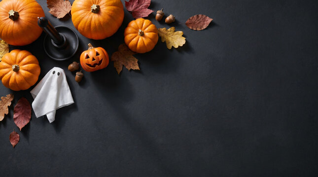 Halloween flat lay with pumpkins jack o lantern ghost and leaves on dark background
