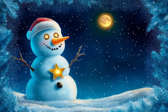 Magical snowman with twinkling eyes and a golden star at night