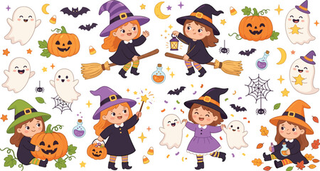 Fototapeta premium Cute Halloween Vector Clipart Set with Kawaii Little Witches, Happy Ghosts, Pumpkin Jack o Lanterns, and Flying Bat Icons for Holiday Graphic Designs