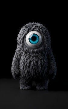 One-Eyed Furry Creature: A charming, furry creature with a single large, blue eye stands against a dark background.