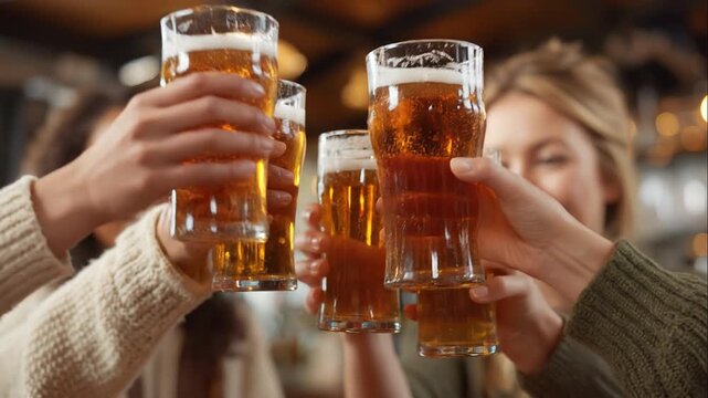 Close-up of hands holding and clinking pints of amber beer together in a celebratory toast at a lively indoor gathering with blurred happy friends in background