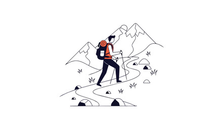 Fototapeta premium Active Man Hiking in the Mountains with Backpack and Trekking Poles Minimalist Outdoor Adventure Illustration