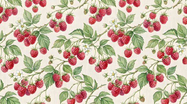Seamless pattern with watercolor raspberries and leaves on beige background.