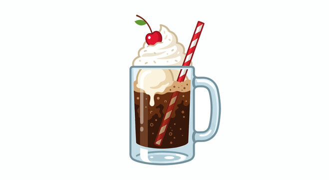 Summer root beer float with whipped cream and cherry in a glass mug