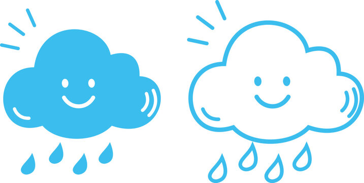 Cute doodle weather cloud icon set with happy smiling faces in filled and outline style featuring rainy and sunny forecast symbols isolated on transparent background
