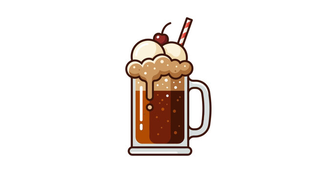 Summer root beer float with vanilla ice cream and cherry in a mug