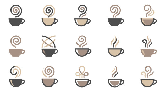 Minimalist coffee cup icons with unique steam patterns.