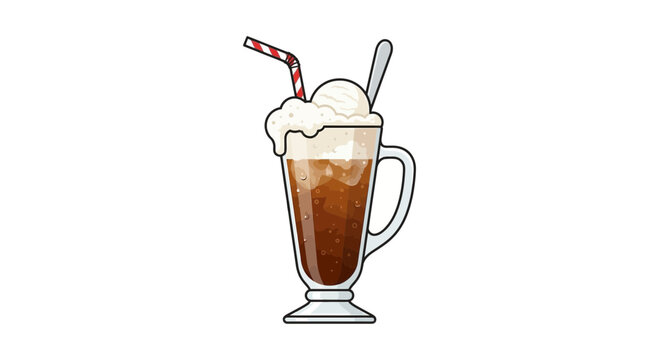 Summer root beer float in a glass with ice cream and a straw