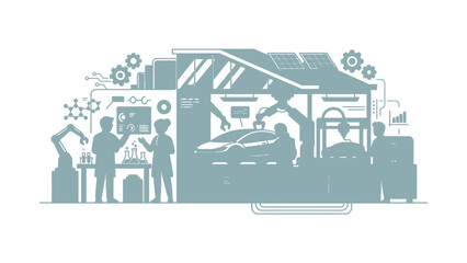 Obraz premium Modern Automotive Factory With Robotic Assembly And Scientists