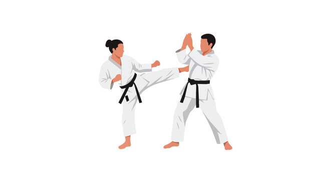 Two Martial Arts Fighters Practicing Karate Kick and Blocking Technique in White Kimono With Black Belts Concept