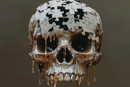 Melting puzzle skull with dripping pieces resembling flowing water