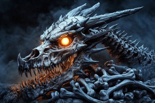 Skeletal dragon skull with glowing eyes resting on rocky landscape at dusk