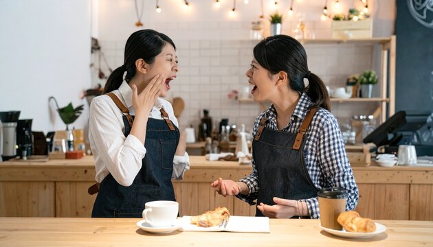 Two baristas in aprons, surprised and joyful, react over a counter in a cafe setting