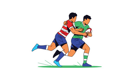 Obraz premium Professional Rugby Players Action Scene with Tackling and Running Players in Red and Green Sportswear Uniforms