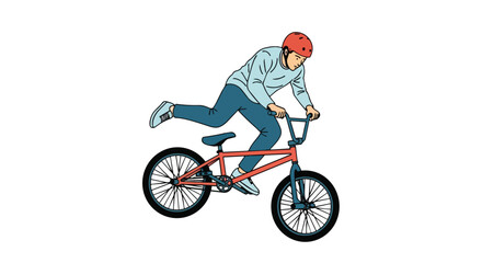 Obraz premium Professional BMX Biker Performing High Action Jump Stunt with Red Safety Helmet and Blue Casual Outfit Graphic