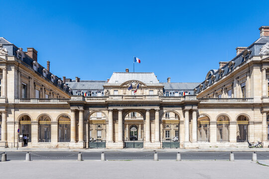 Paris, France - June 17, 2026: Front view of the Council of State, a governmental institution created in 1799 by Napoleon, decked with french and European Union flags, located in the Palais Royal.