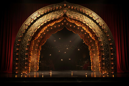 Ornate golden stage arch with theatrical lighting, grand theater proscenium with red curtains, elegant performance venue interior