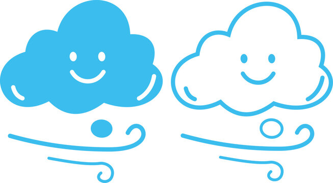Cute doodle windy cloud weather icon set with smiling face in filled and outline style featuring breeze and airflow forecast symbols isolated on transparent background
