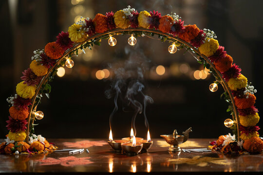 Diwali festival background with marigold flower arch, burning oil lamps and incense smoke, traditional Indian celebration decor with warm bokeh lights