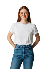 Obraz premium young red-haired caucasian woman with detailed freckles, wearing a white tee and blue denim, standing confidently against a flawless transparent seamless studio background. commercial casual youth