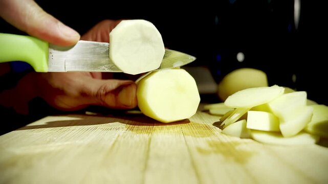 Close-up of chef hands slicing raw potato into thin rounds on a wooden board