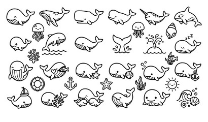 Hand Drawn Whale Doodle Coloring Icons Collection with Cute Sea Life Outline Clipart © Tahaminabegoum
