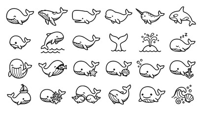 Cute Whale Doodle Outline Icon Set for Coloring Book with Ocean Animal Vector Collection © Tahaminabegoum