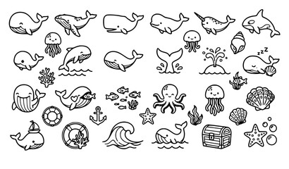 Whale Doodle Hand Drawn Outline Icon Pack for Kids Coloring Book and Ocean Clipart © Tahaminabegoum