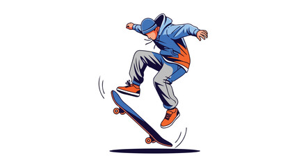 Obraz premium Young Man Skateboarding in the Air Performing Ollie Trick Urban Street Sport Style Graphic on White Background