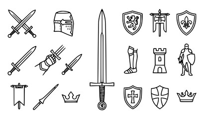 Classic Medieval Arming Sword Upright Black and White Vector Icon © MSTMERINA
