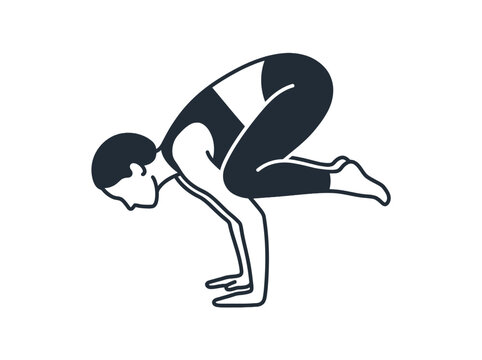 A minimalist black and white illustration of a yoga crow pose