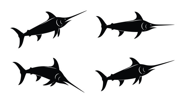 Swordfish Silhouettes In Various Poses Black And White Silhouette