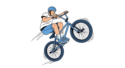 Obraz premium Young BMX Rider Performing Extreme Stunt and Wheelie Action Trick on Blue Bicycle with Helmet Sports Illustration