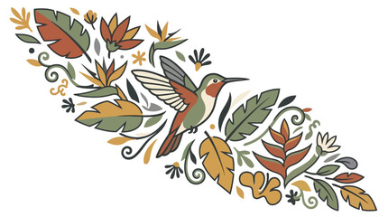 Obraz premium Hummingbird flying among tropical leaves and flowers in a decorative style