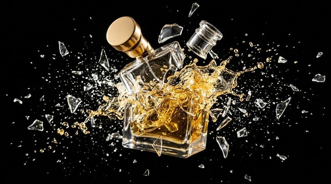 Liquor bottle explodes with shards and liquid splashing everywhere outside