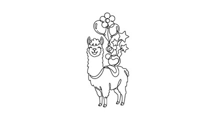 Fototapeta premium Happy Llama with Balloons and Stars - Continuous Line Drawing