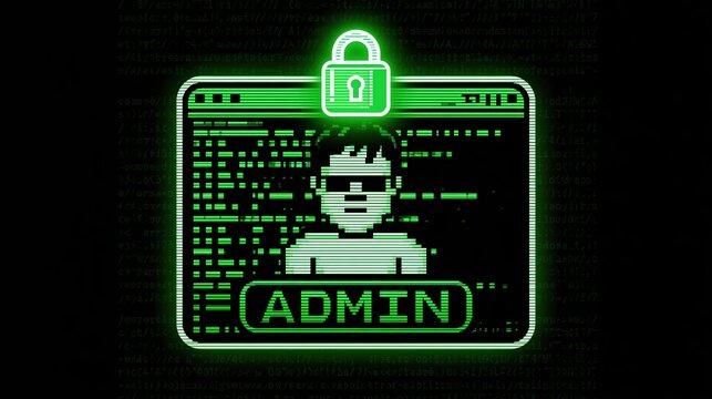 Green admin profile badge with lock and hacker code