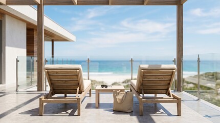 Fototapeta premium Empty wooden sun loungers on modern balcony overlooking ocean