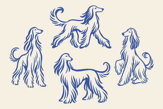Afghan Hound Dog Set Hand Drawn Vector Illustration