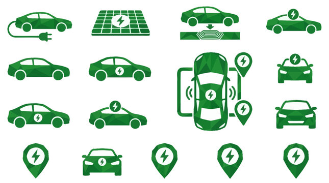 Geometric Low Poly Flat Electric Coupe Vehicle Icons with Wireless Charging and Lightning Location Pins in Forest Green