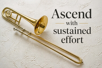 Naklejka premium A brass trumpet rests on a textured light-colored surface with the text 