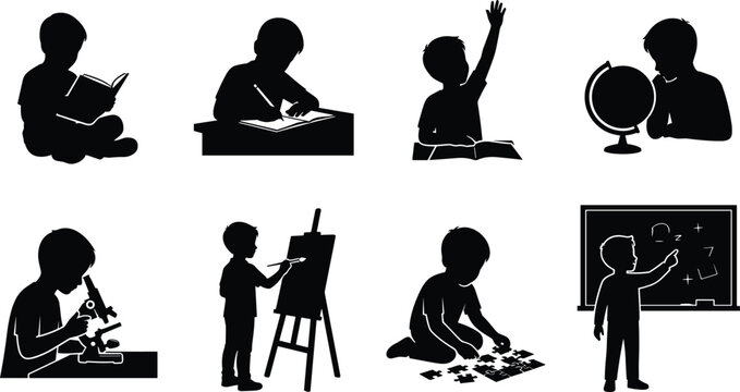 Children Silhouettes Engaged in Reading Writing Science Art and Classroom Learning Activities