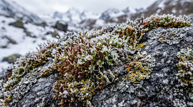 Close-up of frost-covered alpine moss and lichen on a rock