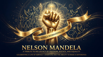 Gold nelson mandela international day banner featuring raised fist and decorative elements, equality
