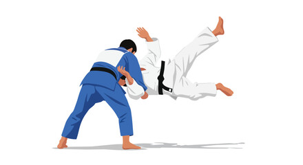 Fototapeta premium Judo Athletes Training Martial Arts Combat Sport with Throwing Technique in Traditional Blue and White Uniforms