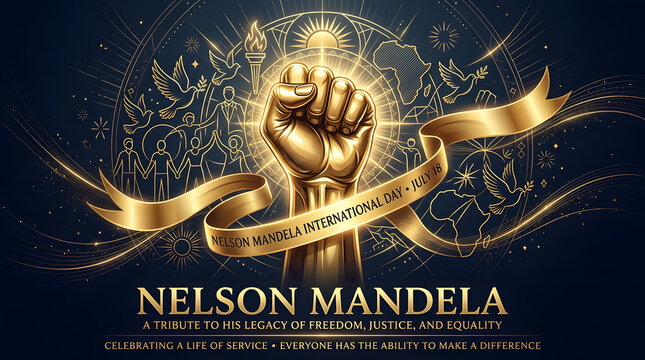 Gold nelson mandela international day banner featuring raised fist and decorative elements, equality