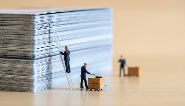 Miniature professionals organizing oversized business card stack