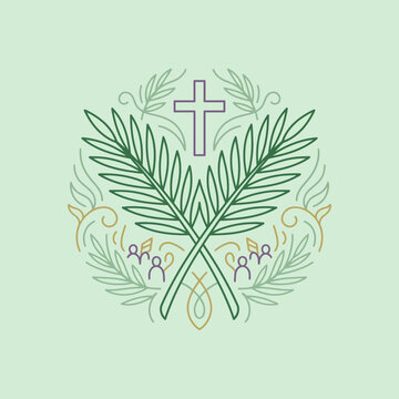 Minimalist Palm Sunday illustration with a cross and palm leaves