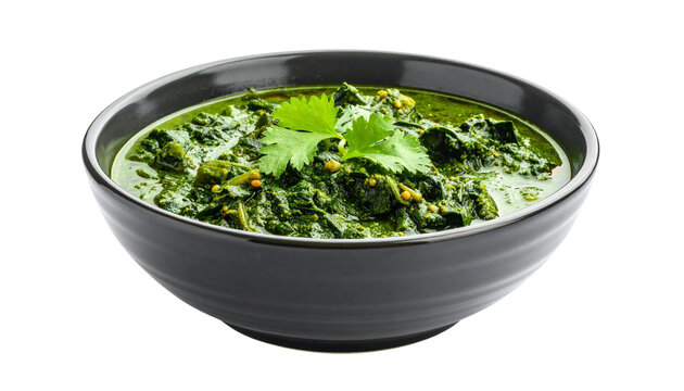 spinach and mustard green curry, saag, in a bowl, isolated on transparent background, PNG