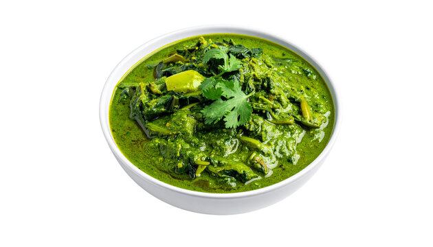 spinach and mustard green curry, saag, in a bowl, isolated on transparent background, PNG